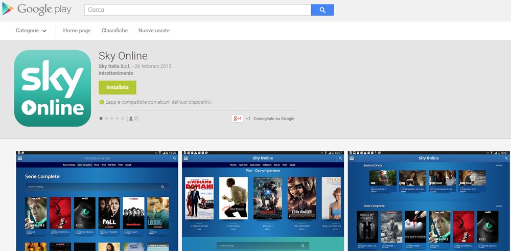 Sky Online sul Play Store di Android