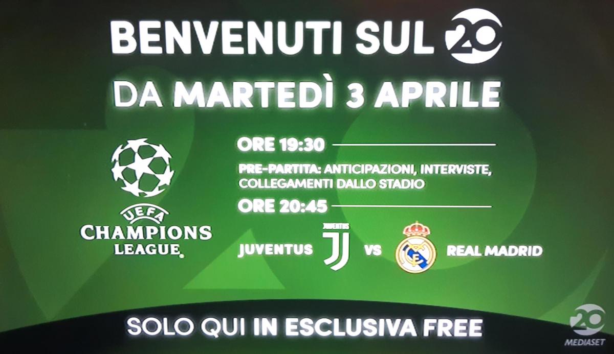20 Mediaset, nuovo canale free sul digitale terrestre al via il 3 aprile con Juventus-Real Madrid di Champions League