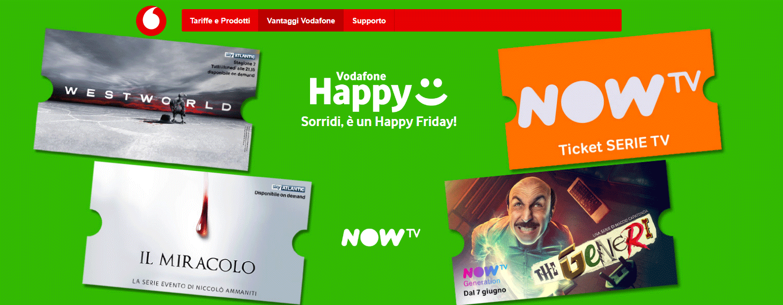 Vodafone Happy Friday regala 4 mesi del Ticket Serie TV su NOW TV