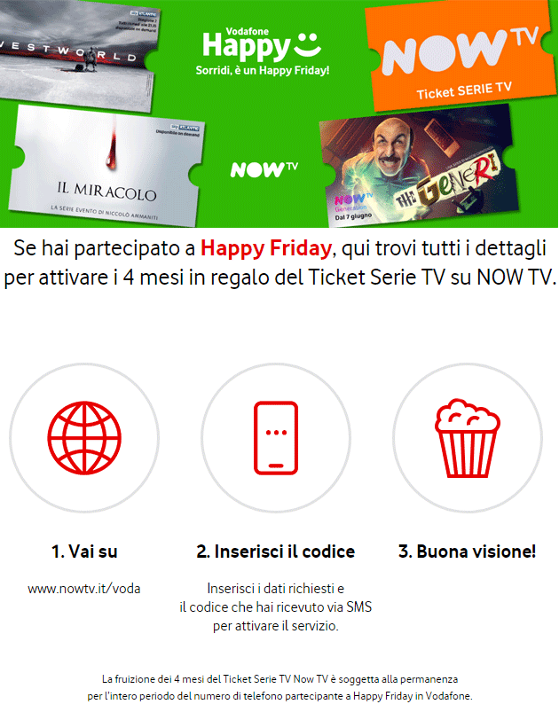 Vodafone Happy Friday, come avere 4 mesi del Ticket Serie TV gratis su NOW TV
