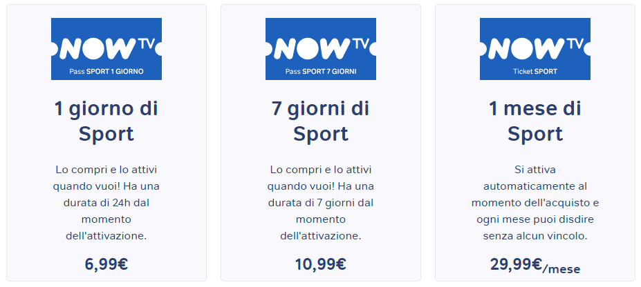 Listino prezzi Now TV Sport