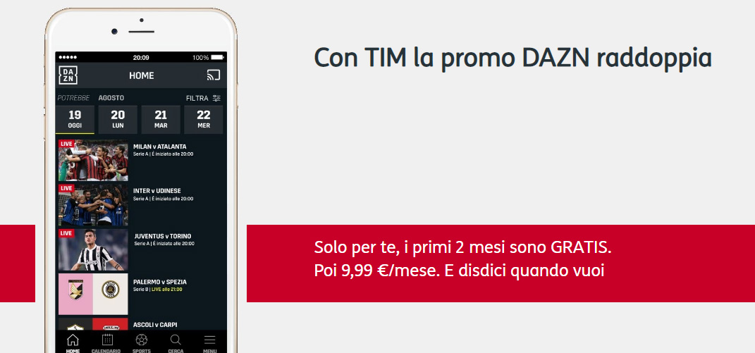 DAZN 2 mesi gratis per i clienti TIM