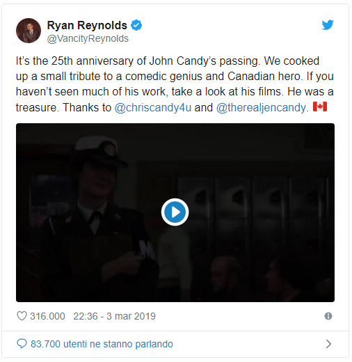 Ryan Reynolds ricorda John Candy a 25 anni dalla scomparsa