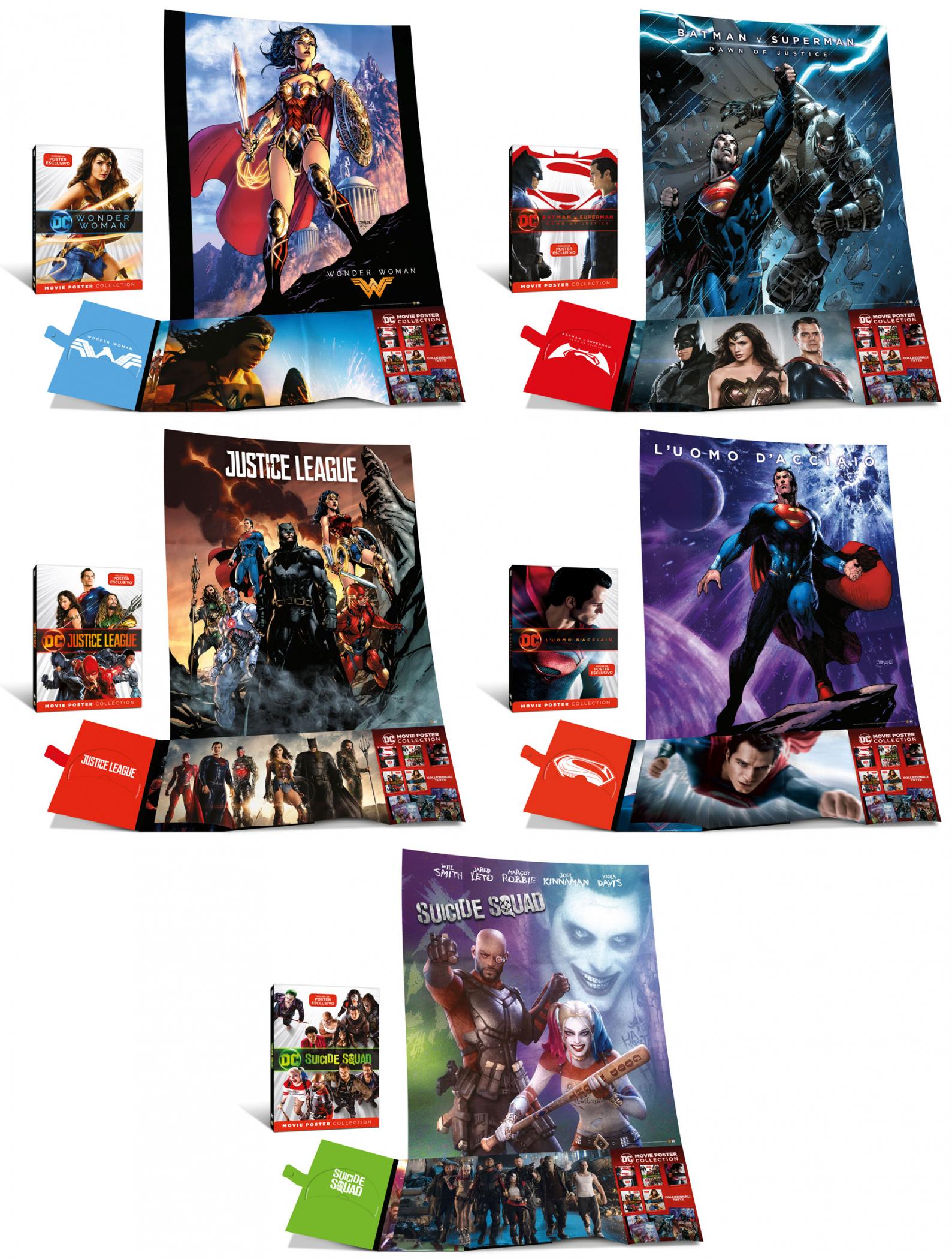 DC Movie Poster che include Batman v Superman - Dawn of Justice, Justice League, Wonder Woman, Suicide Squad e L'Uomo d'Acciaio