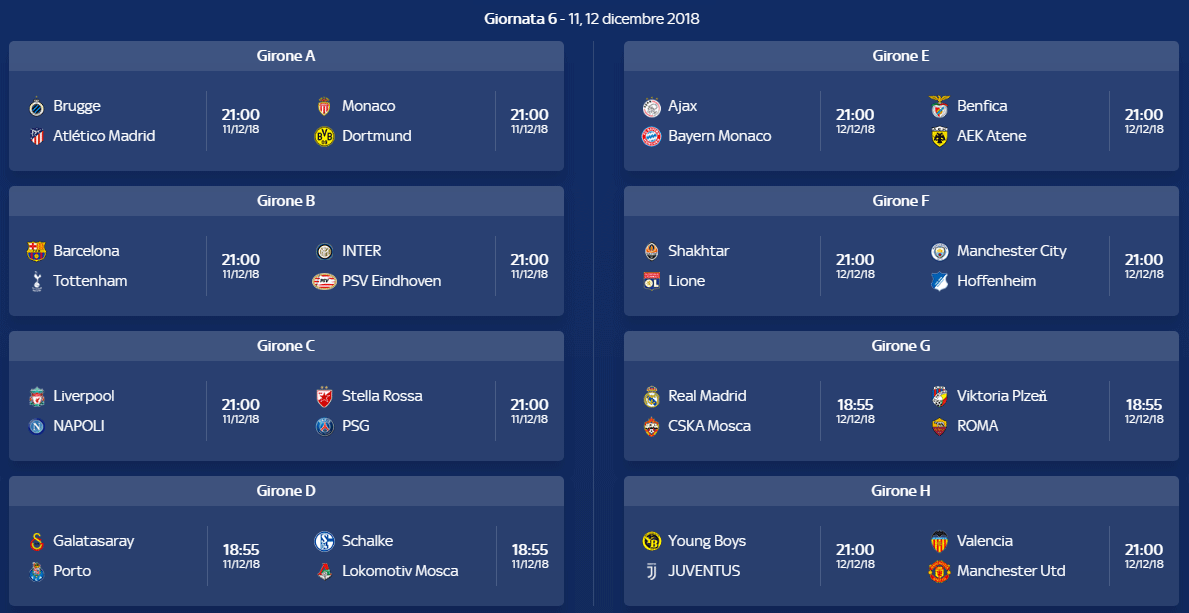 CHAMPIONS LEAGUE 2018-19 | FASE GIRONI | 6a GIORNATA