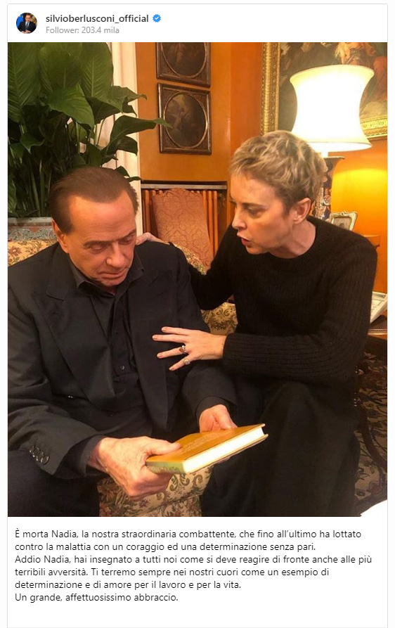 Il saluto di Silvio Berlusconi di Nadia Toffa su Instagram