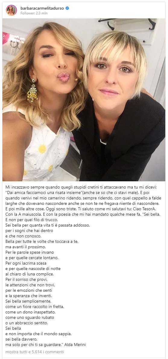 Il saluto di Barbara D'Urso di Nadia Toffa su Instagram