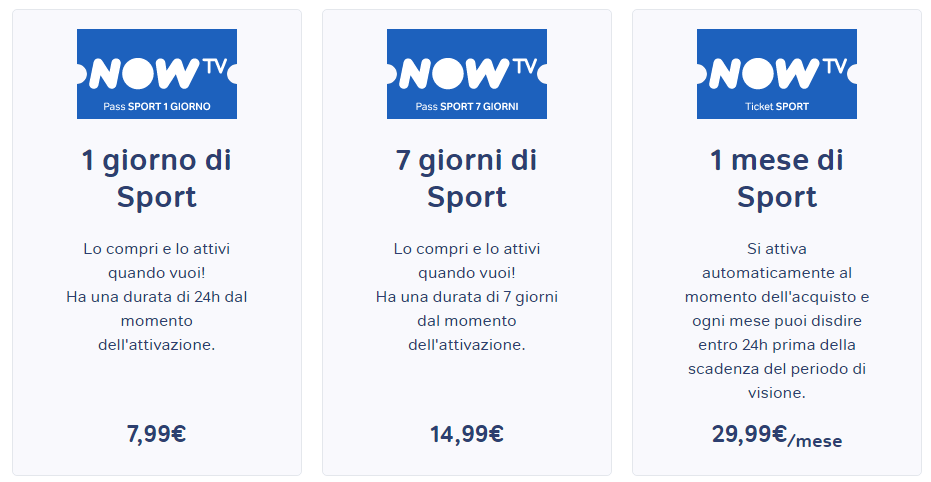 Listino prezzi Now TV Sport