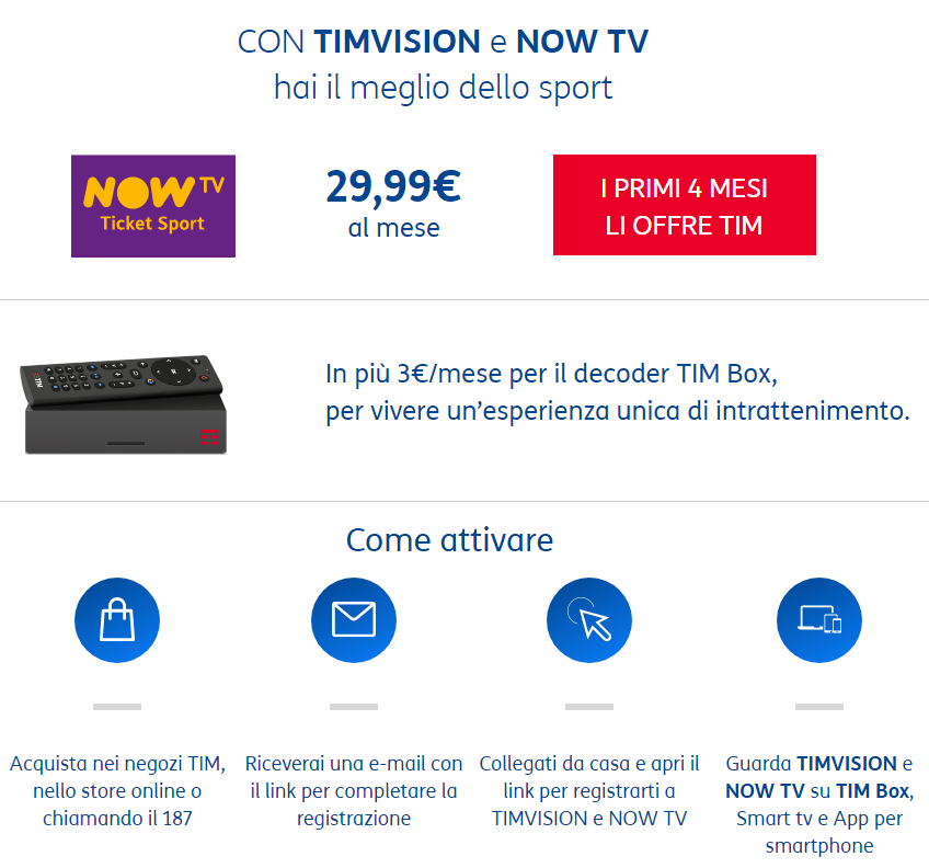 NOW TV Ticket Sport con TIM: l'offerta di TIMvision con i primi 4 mesi Gratis