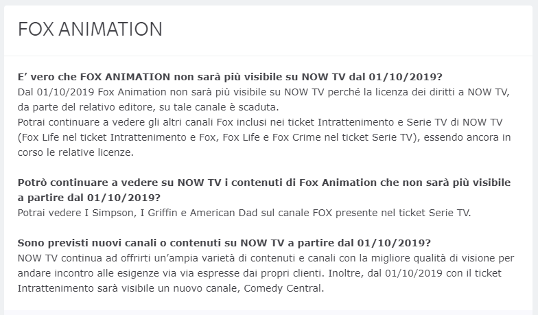 La comunicazione di NOW TV sullo spegnimento di FOX Animation dal 1 Ottobre 2019