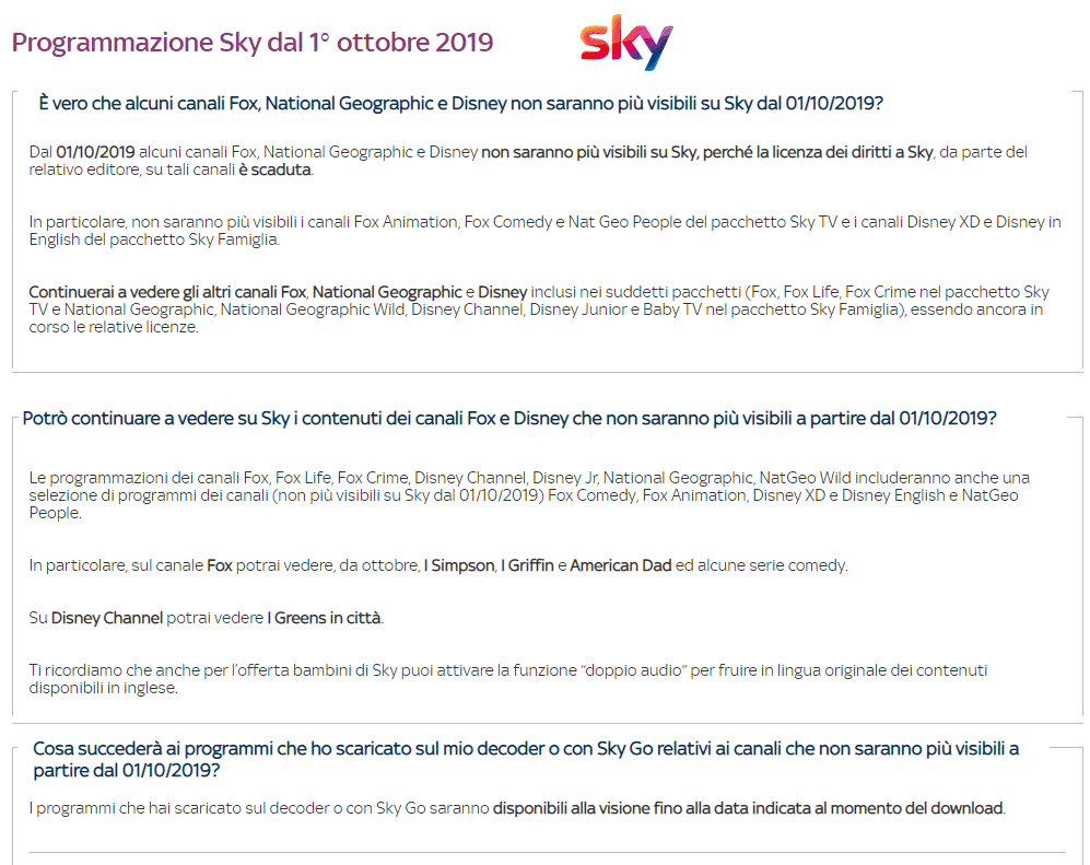 La comunicazione di Sky sullo spegnimento di alcuni canali FOX e Disney dal 1 Ottobre 2019