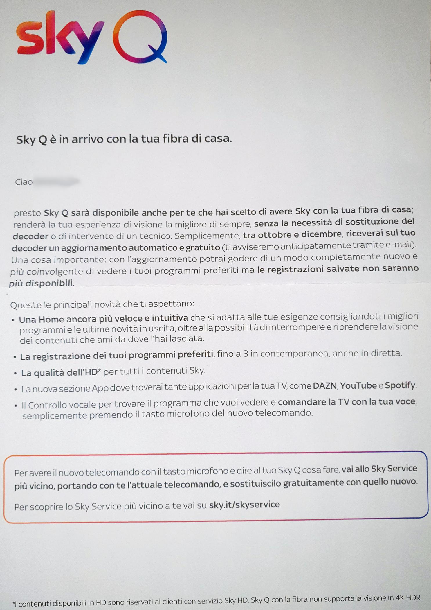 Sky Q via fibra - lettera aggiornamento