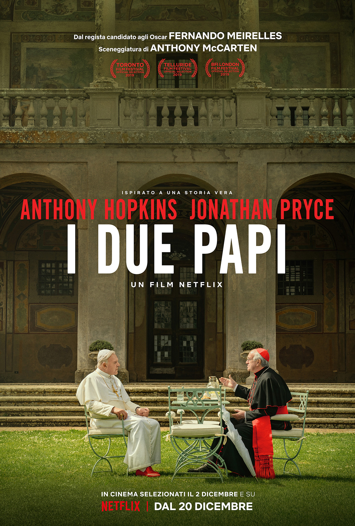 The Two Popes, poster italiano del film Netflix con Jonathan Pryce ed Anthony Hopkins