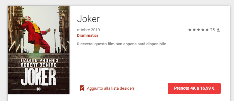 Su Google Play in Italia arrivano in 4k UHD titoli Warner, Joker ha anticipato la novita'