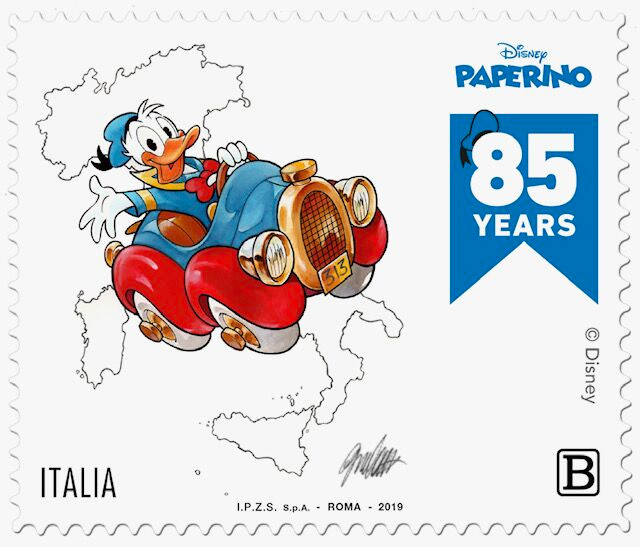 Il francobollo da Guinness realizzato per gli 85 anni di Paperino [credit: courtesy of Disney Italia]