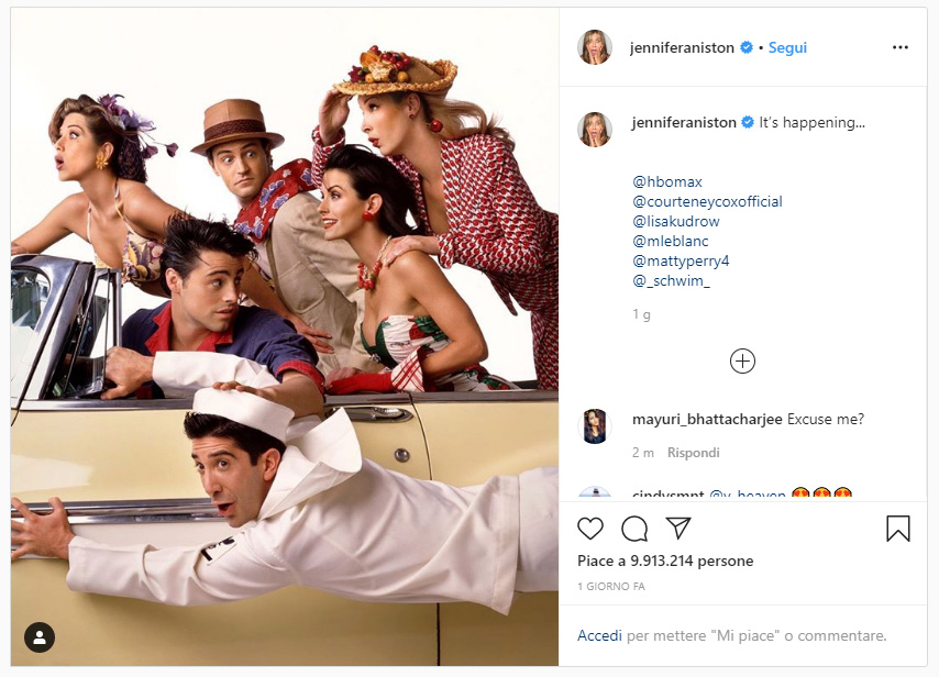 Il post di Jennifer Aniston sul ritorno di Friends
