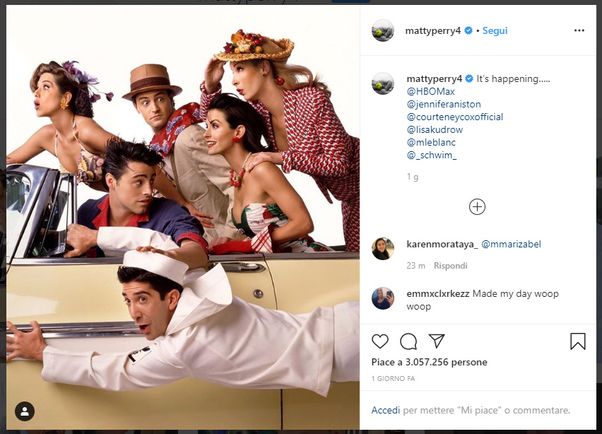 Il post di Matthew Perry sul ritorno di Friends