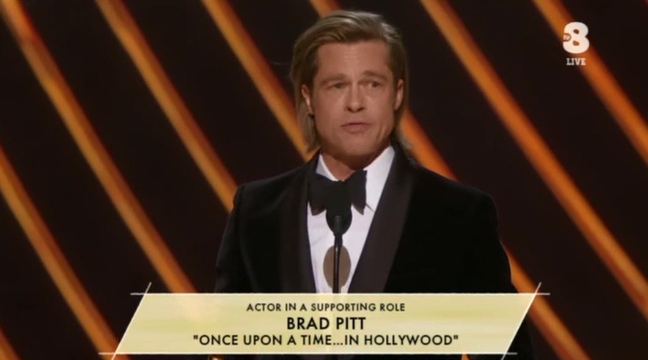 Brad Pitt per C'era una volta a Hollywood riceve l'Oscar come Migliore attore non protagonista