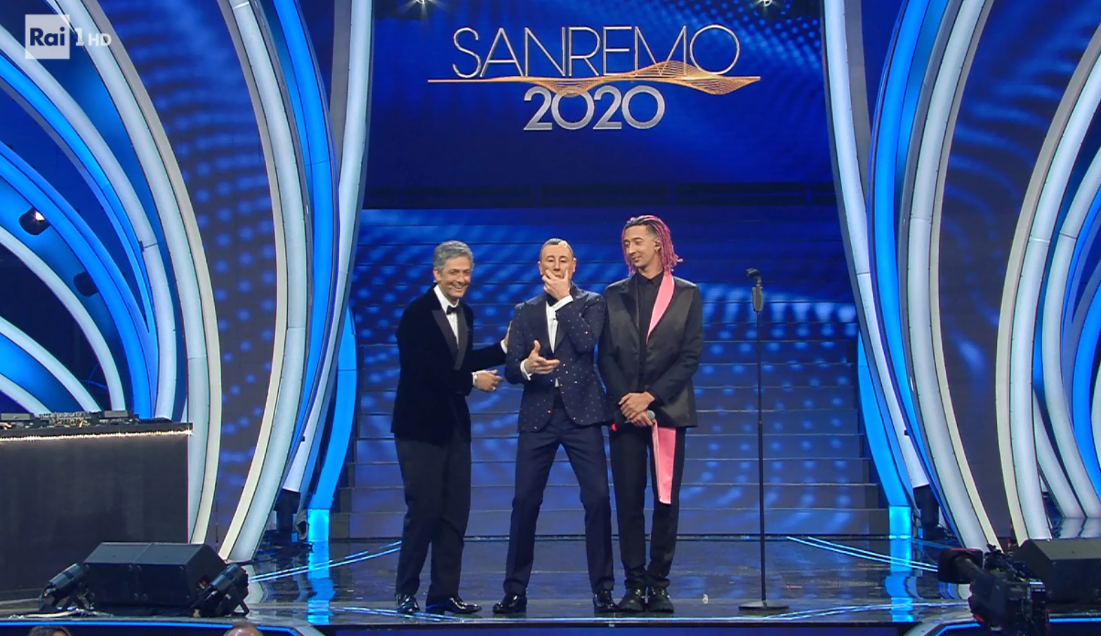 Ghali, Amadeus e Fiorello nella Quarta Serata di Sanremo 2020