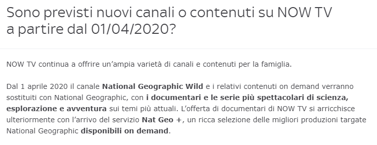 National Geographic e Nat Geo Plus su NOW TV da Aprile - 2020