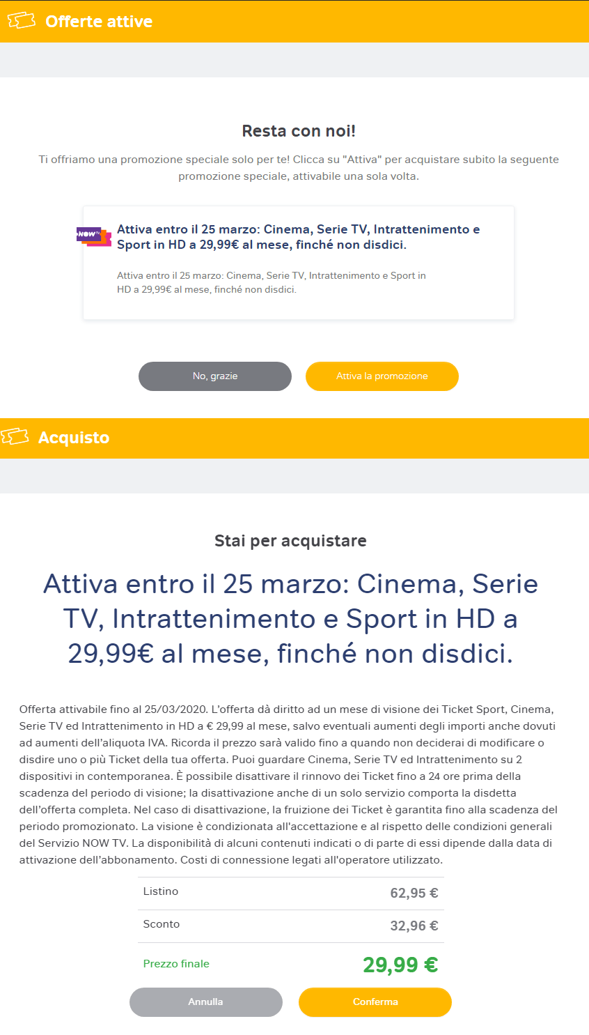 NOW TV - Dettagli dell'offerta 'Cinema, Serie TV, Intrattenimento e Sport in HD a 29,99 euro al mese