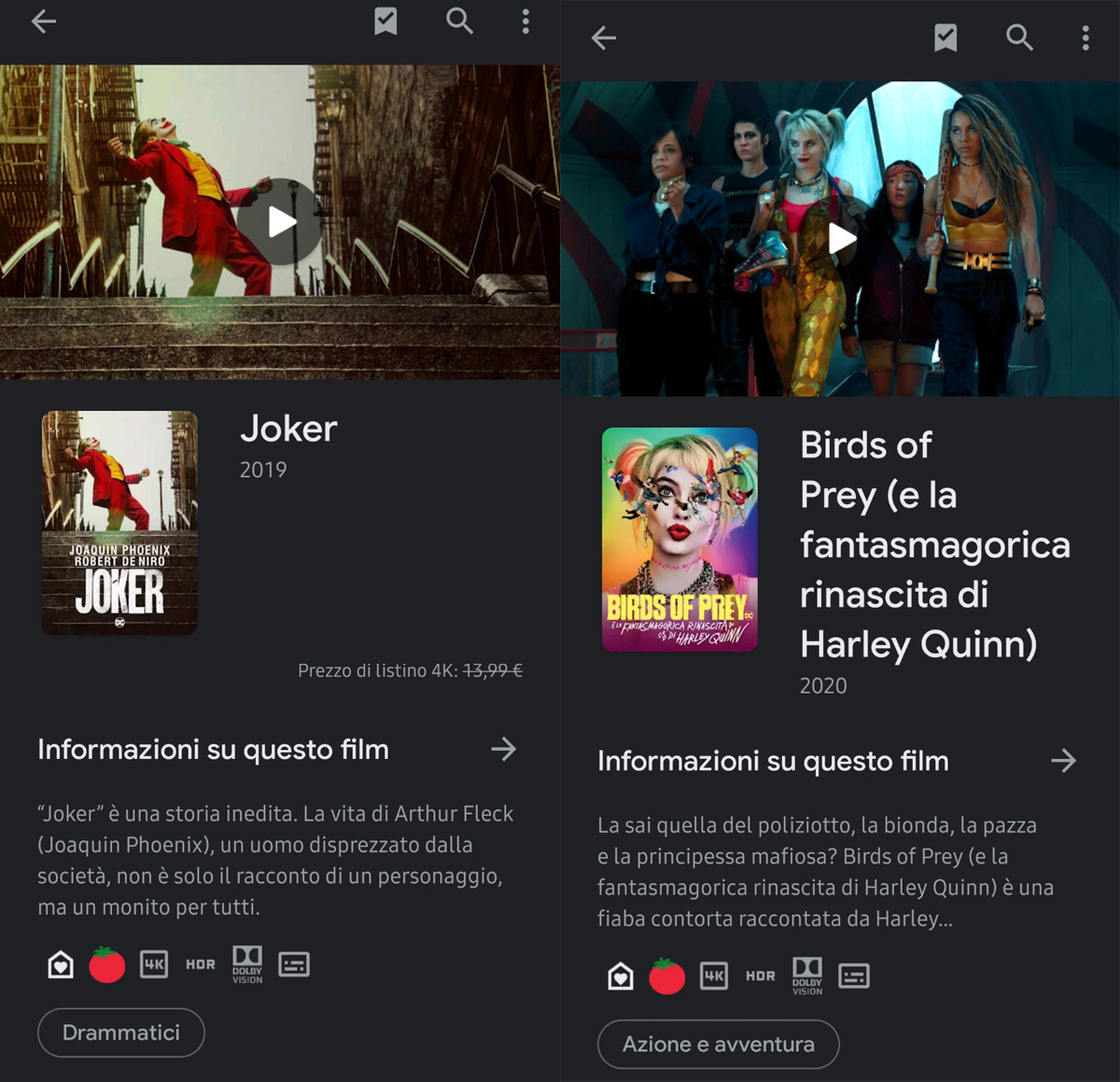Birds of Prey e Joker in Dolby Vision disponibili su Google Play Film (Android)