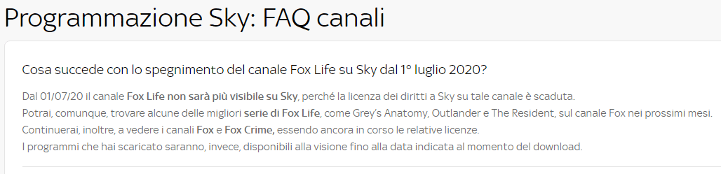 La comunicazione ufficiale di Sky in merito allo spegnimento di Fox Life a Luglio 2020
