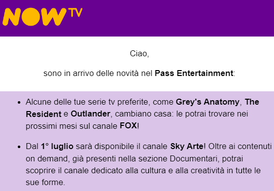 La comunicazione ufficiale di NOW TV in merito allo spegnimento di Fox Life e all'inserimento di Sky Arte a Luglio 2020