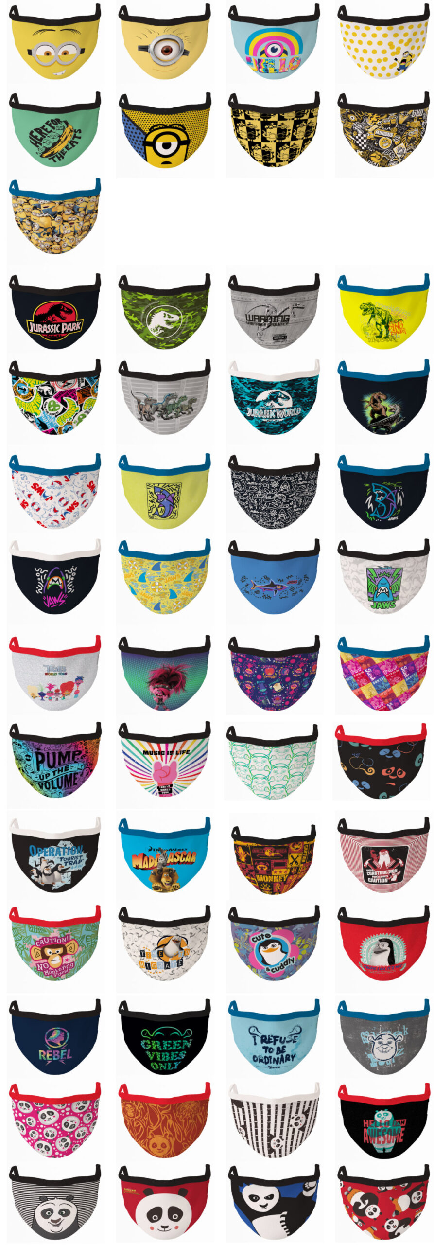 Le Cinemask con i personaggi di Jurassic Park, Jaws, Minions, Trolls, Kung Fu Panda, Madagascar, Shrek