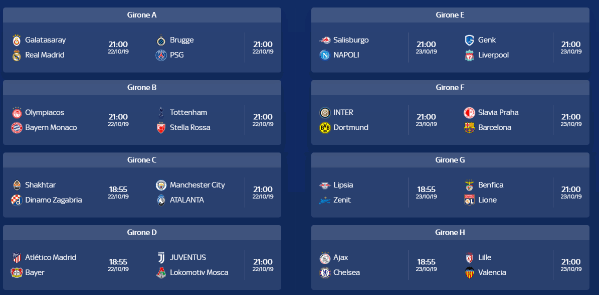 Champions League 2019-20: 3a giornata su Sky