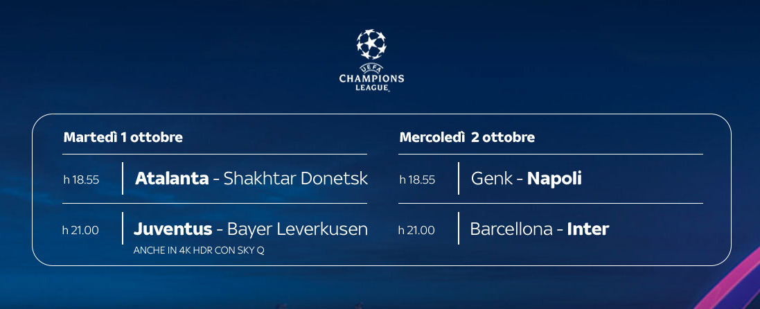 Champions League 2019-20: Le italiane della 2a giornata su Sky