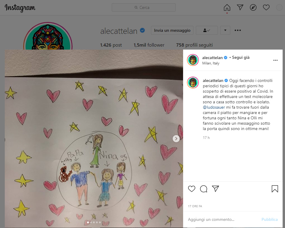 Il post su Instagram con cui Alessandro Cattelan ha comunicato la sua positività al Covid19