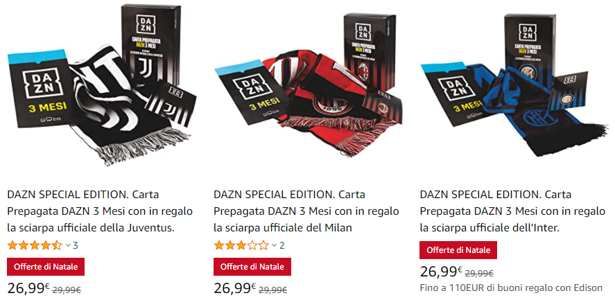 DAZN lancia il Kit Natale con 3 mesi di abbonamento e sciarpa ufficiale di  Juventus, Milan, Inter