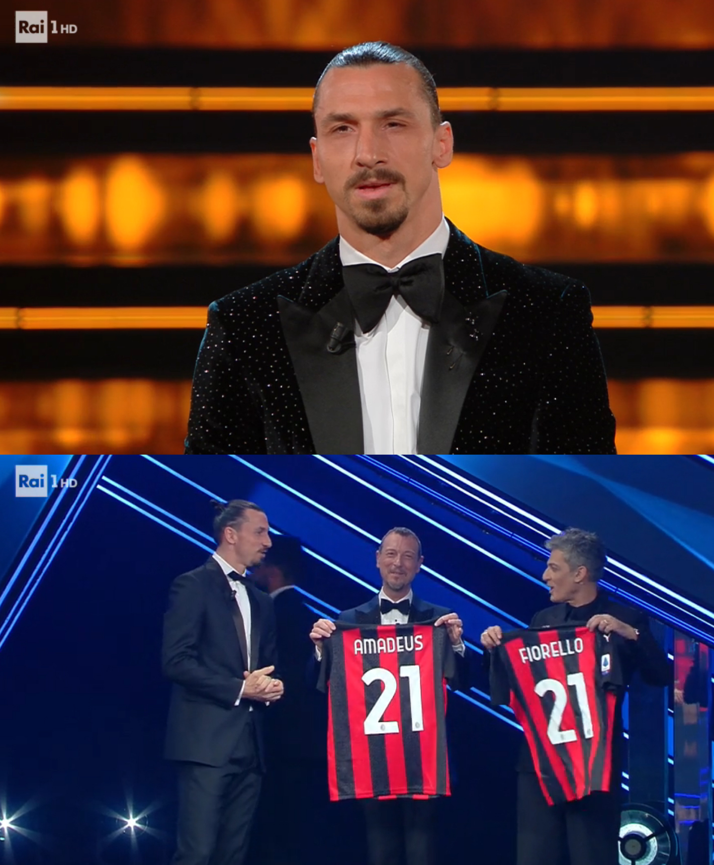 Sanremo 2021, 5a serata: Zlatan Ibrahimović nel suo monologo prima, nella consegna della maglia del Milan a Amadeus e Fiorello dopo