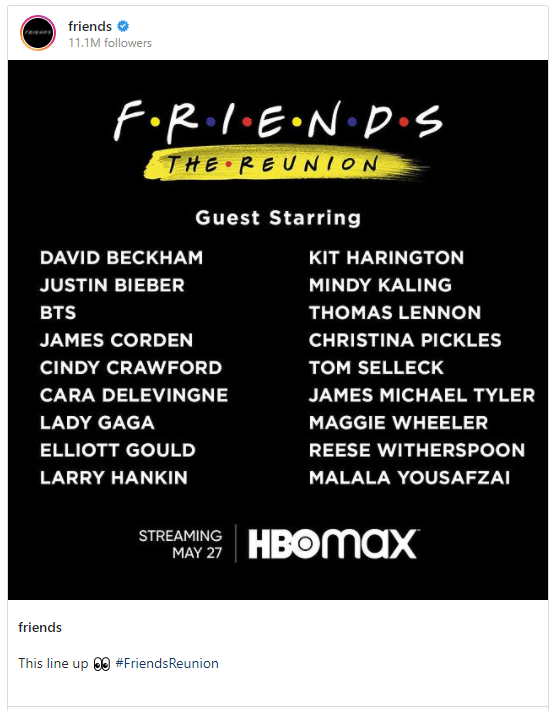 L'annuncio degli special guest di 'Friends The Reunion' dalla pagina Instagram di Friends
