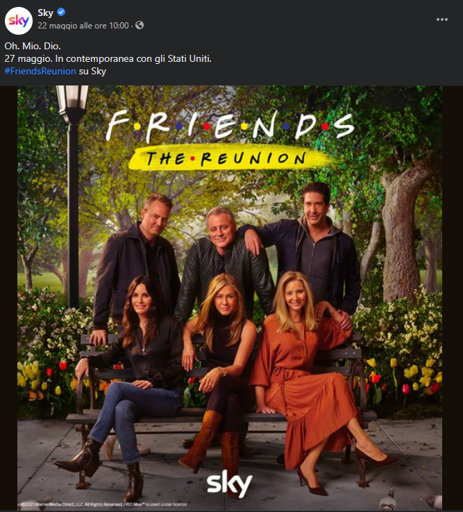 L'annuncio di Sky Italia su Facebook che 'Friends The Reunion' debutta in Italia su Sky e NOW