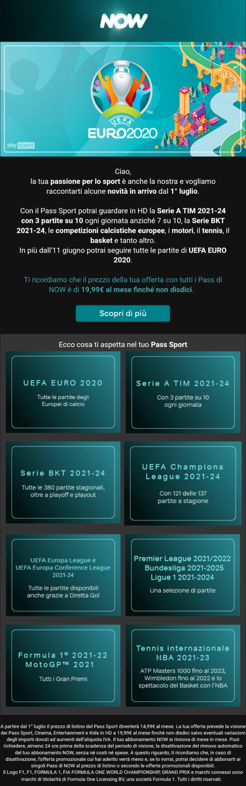 Esempio di email che NOW ha inviato ai clienti con attivo Full a 19,99 euro al mese, comunicando il nuovo prezzo del Pass Sport di 14,99 euro al mese da Luglio 2021