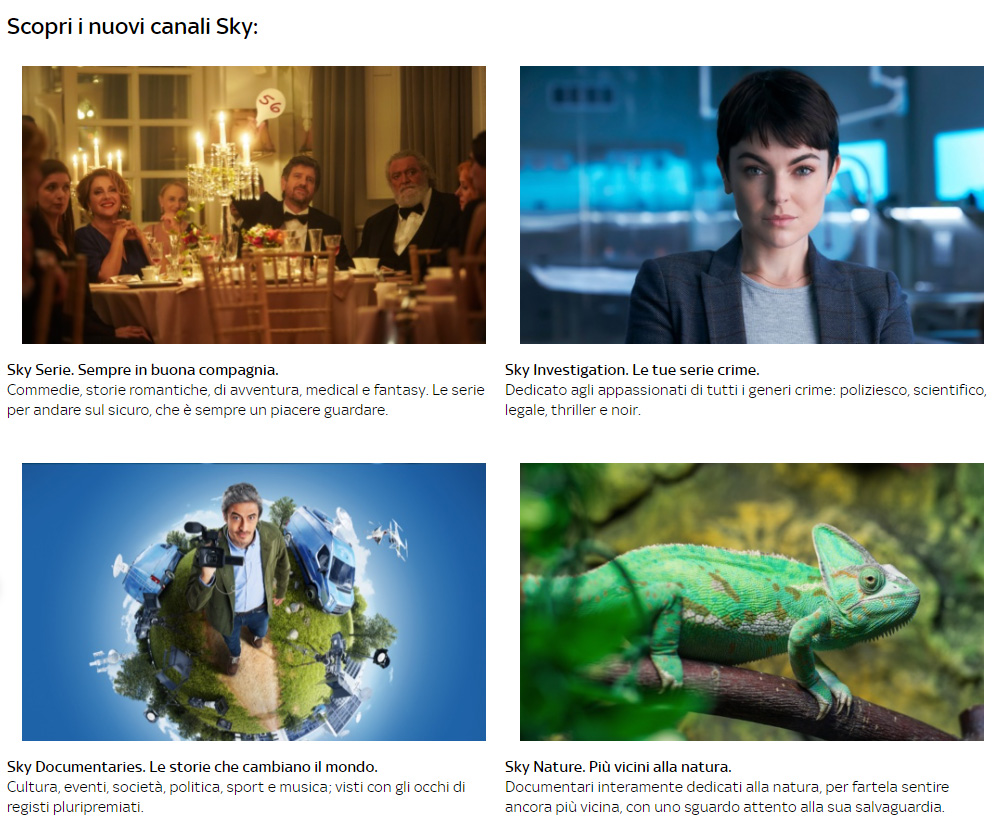Sky Serie, Sky Investigation, Sky Documentaries e Sky Nature