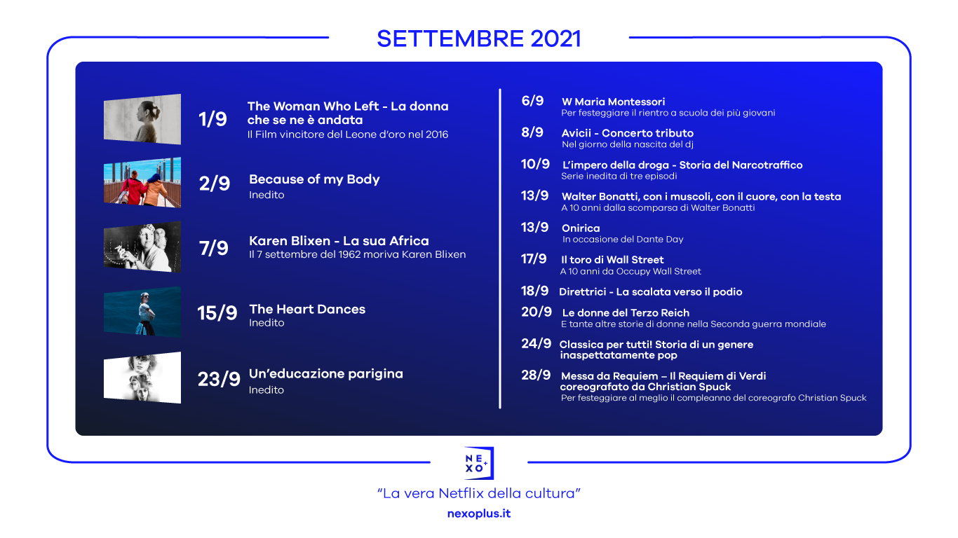 Nexo+, Calendario novità di Settembre 2021