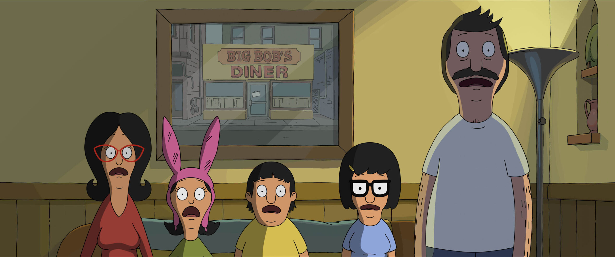Linda Belcher (voiced by John Roberts), Louise Belcher (voiced by Kristen Schaal), Gene Belcher (voiced by Eugene Mirman), Tina Belcher (voiced by Dan Mintz), and Bob Belcher (voiced by H. Jon Benjamin) in Bob's Burgers - Il Film di 20th Century Studios [credit: courtesy of 20th Century Studios. Copyright 2022 20th Century Studios. All Rights Reserved]