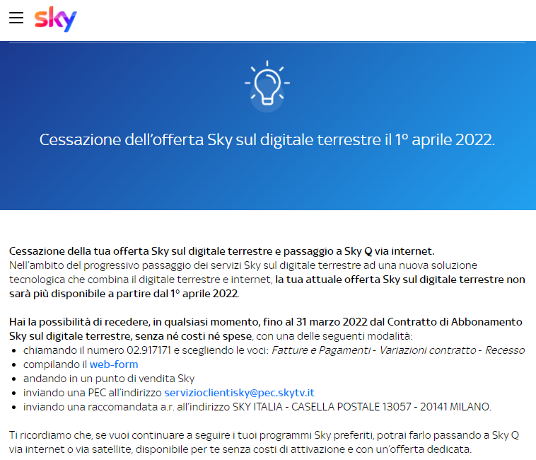 Sky Italia comunica la chiusura dell'offerta 'Sky sul digitale terrestre'