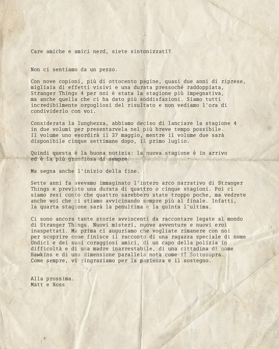 Stranger Things (stagione 4) - Poster Lettera dei Duffer Brothers che annunciano il rilascio della stagione 4 e confermano la stagione 5