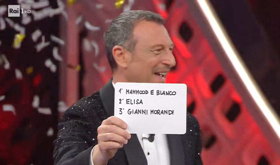 Sanremo 2022, il podio finale: Mahmood e Blanco,  Elisa, Gianni Morandi