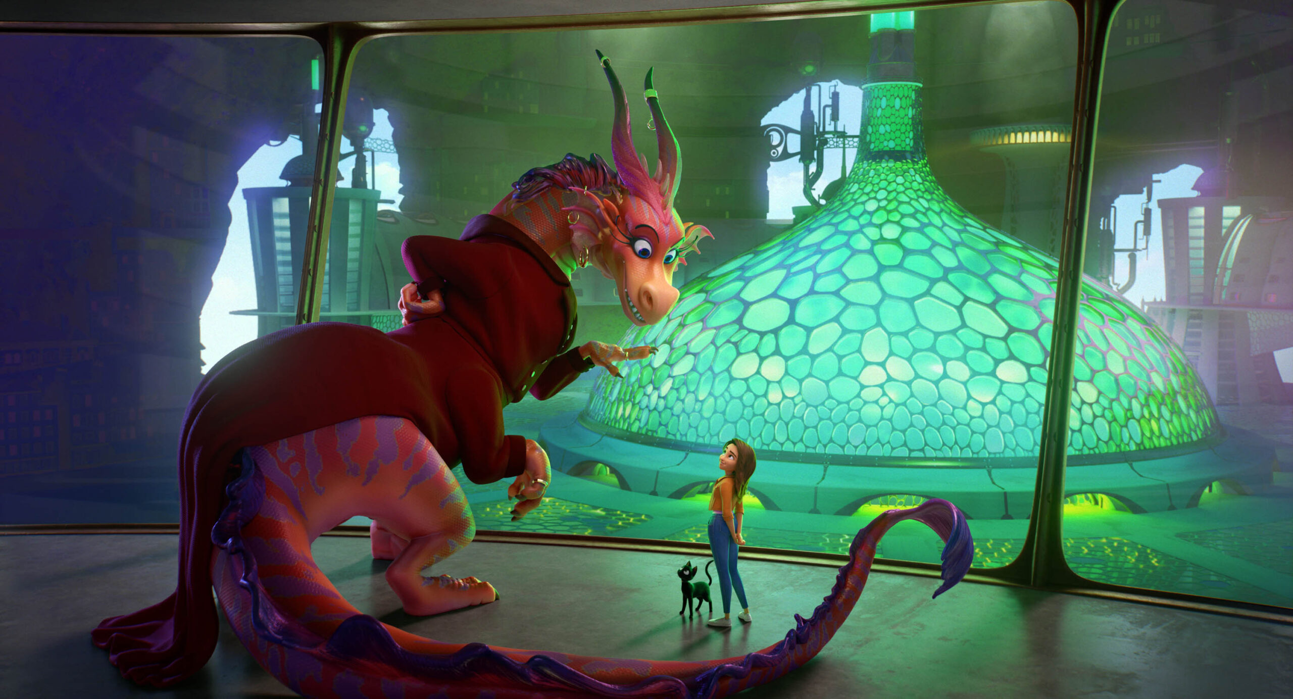 The Dragon (voce di Jane Fonda), Bob (voce di Simon Pegg) e Sam Greenfield (voce di Eva Noblezada) in 'Luck' [credit: courtesy of Apple]