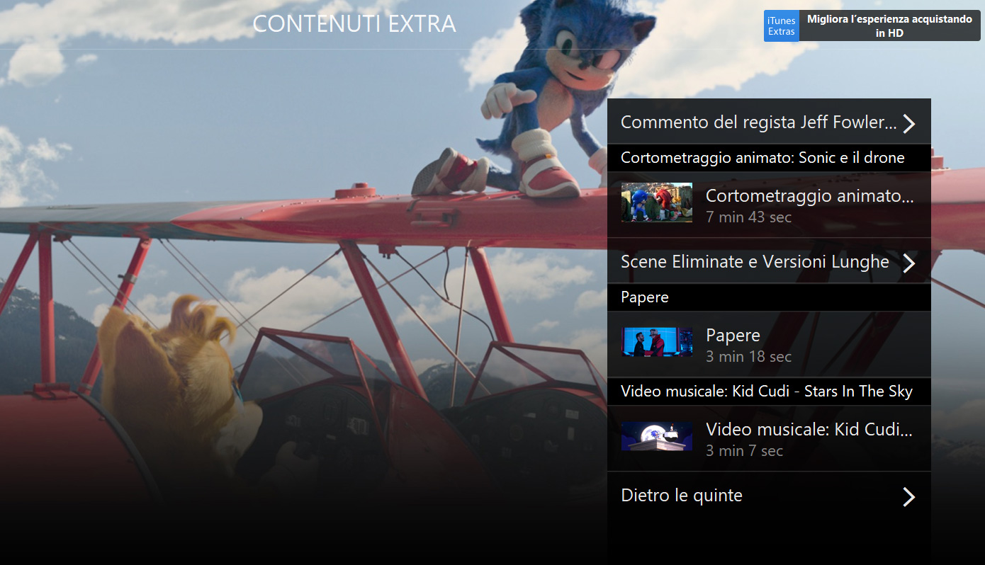 Schermata presentazione iTunes Extras per Sonic Il Film 2