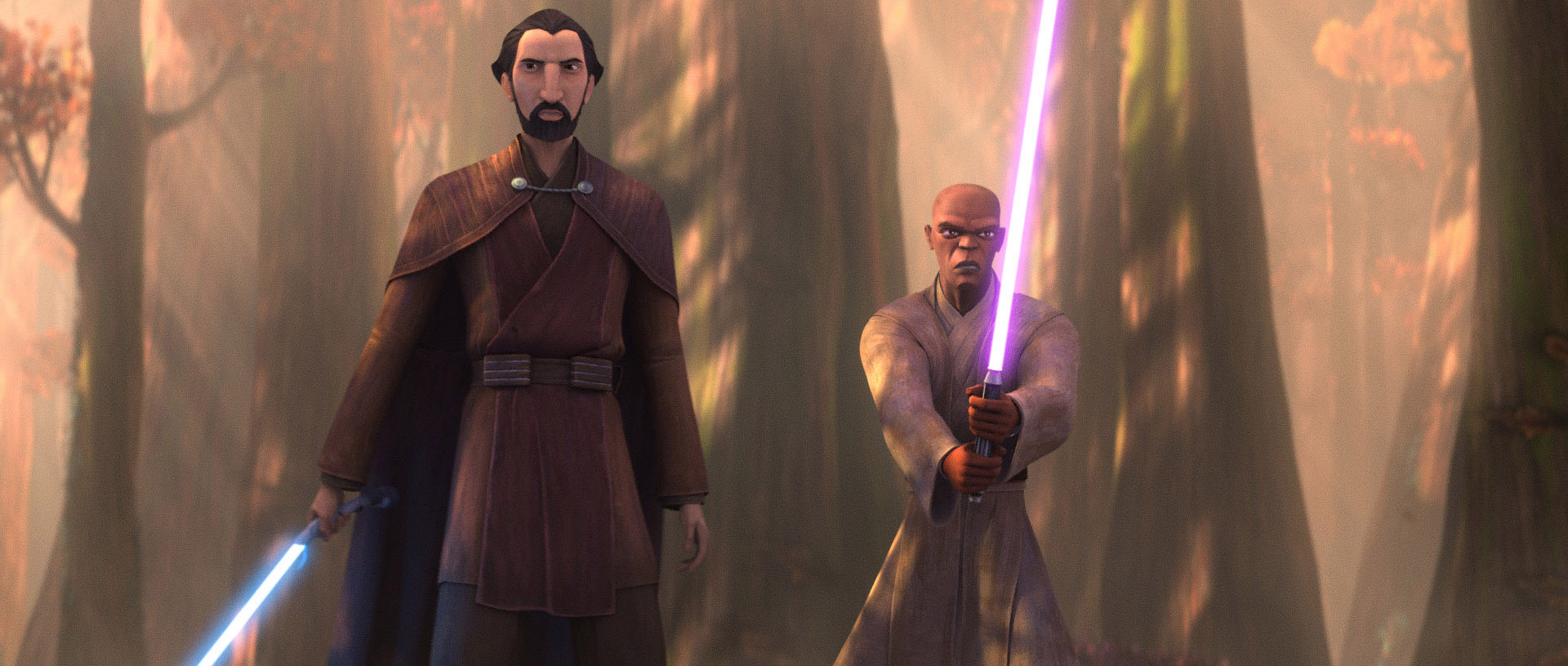 (S-D) Conte Dooku e Mace Windu da Star Wars: Tales Of The Jedi [credit: Lucasfilm; Copyright 2022 Lucasfilm Ltd. and TM. All Rights Reserved; courtesy of Disney]