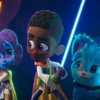 (S-D): Jedi Younglings: Lys Solay (voce di Juliet Donenfeld), Kai Brightstar (voce di Jamaal Avery Jr.) e Nubs (voce di Dee Bradley Baker) in una scena da Star Wars: Young Jedi Adventures 1x01a