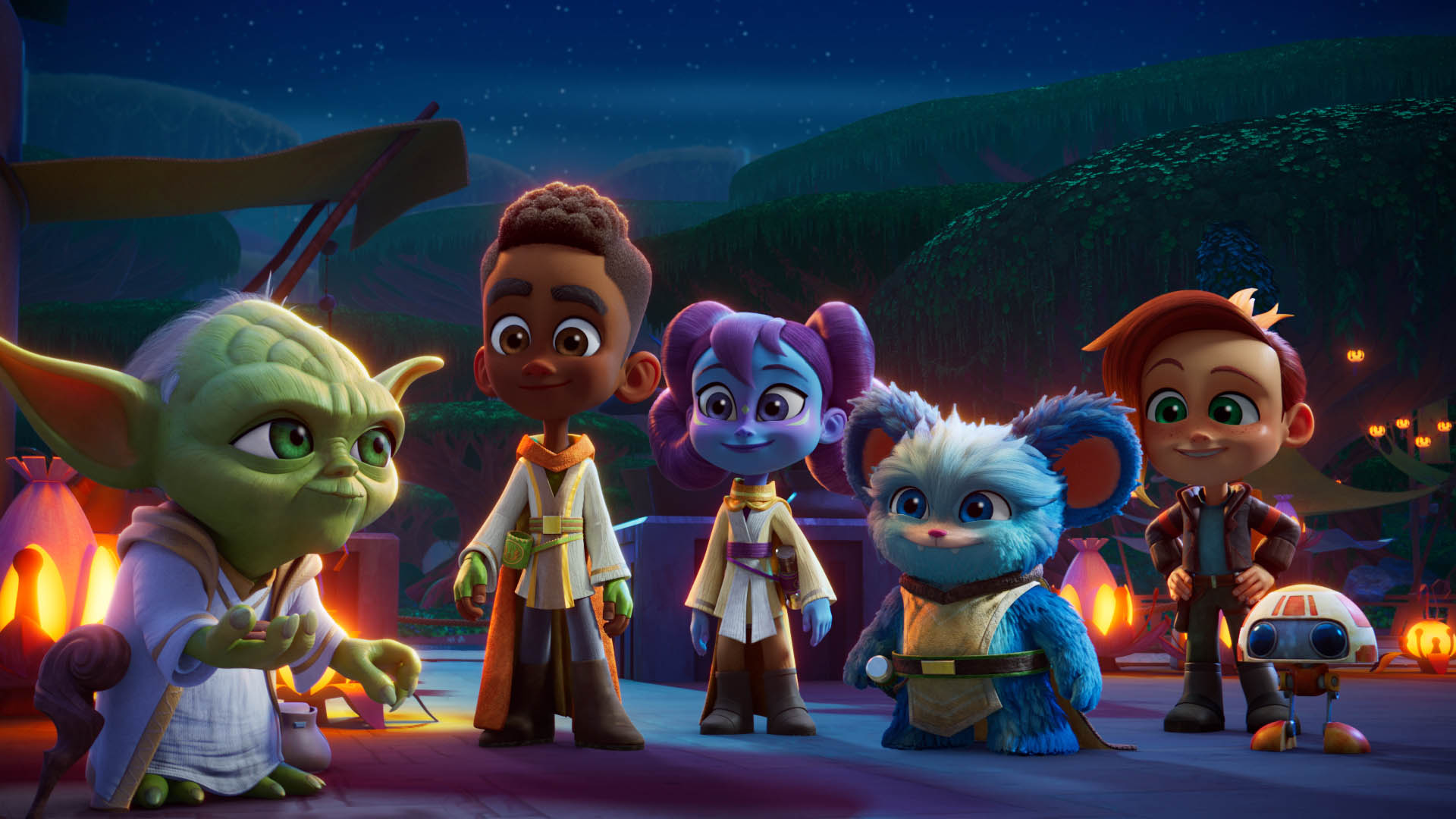 (S-D): Master Yoda (voce di Piotr Michael) con Jedi Younglings, Kai Brightstar (voce di Jamaal Avery Jr.), Lys Solay (voce di Juliet Donenfeld) e Nubs (voce di Dee Bradley Baker) e i loro amici Nash Durango (voce di Emma Berman), e RJ-83 (voce di Jonathan Lipow) sul pianeta Tenoo, in una scena da Star Wars: Young Jedi Adventures 1x01b [credit: Copyright 2023 Lucasfilm Ltd. and TM. All Rights Reserved; courtesy of Disney]