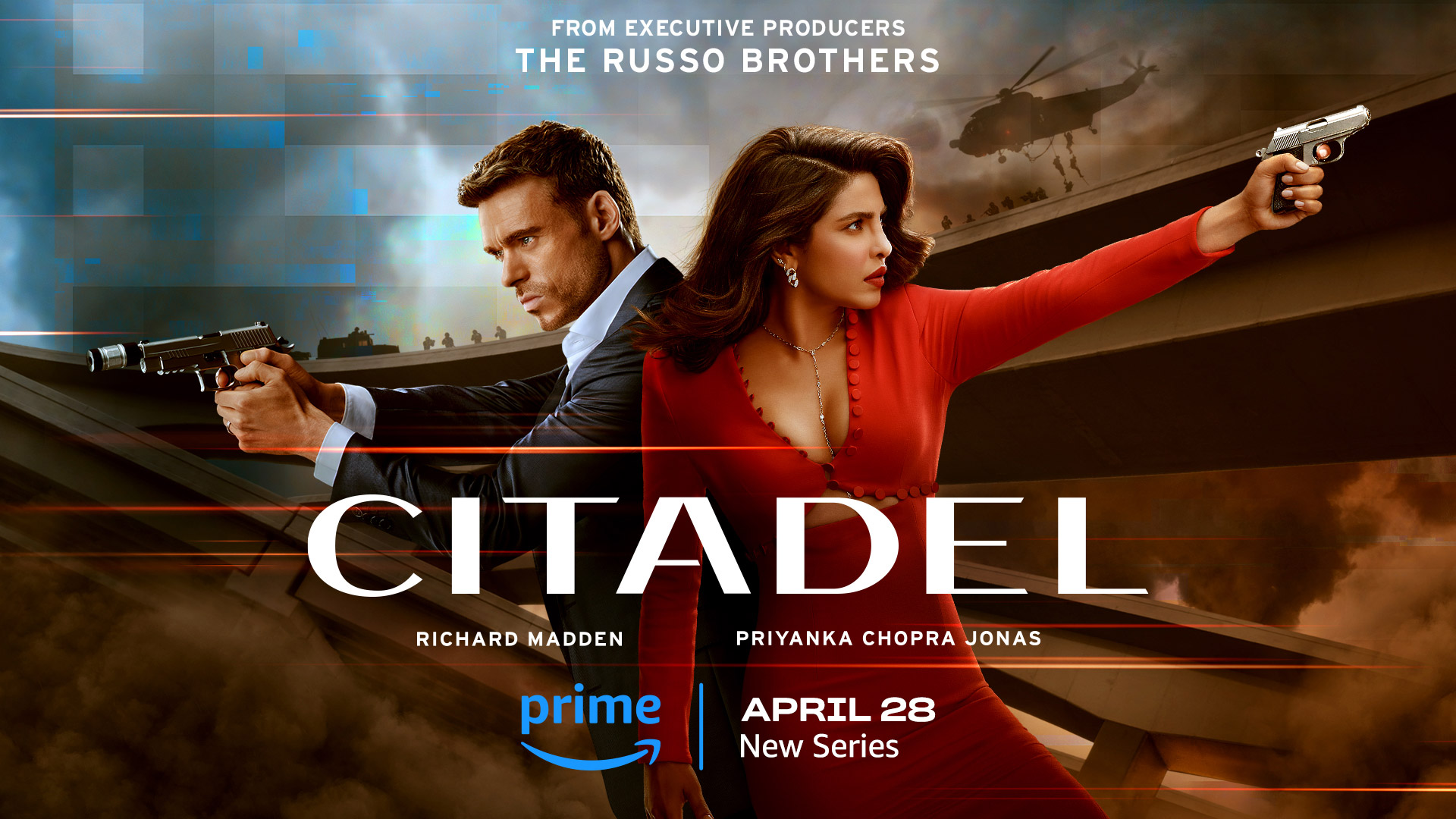Citadel, poster della serie globale di spionaggio con Richard Madden, Priyanka Chopra Jonas e Stanley Tucci su Prime Video
