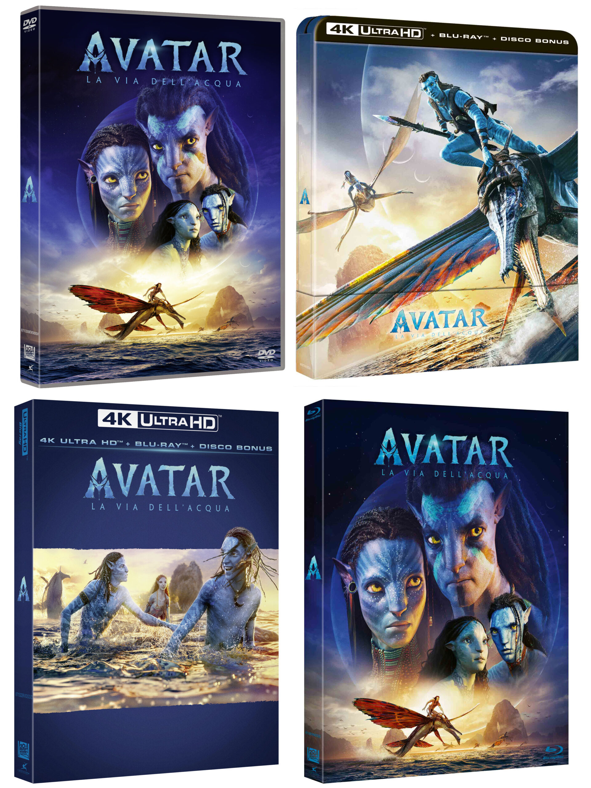 Avatar La Via dell'Acqua in DVD, Blu-Ray a due dischi, 4K Ultra HD e Steelbook 4K